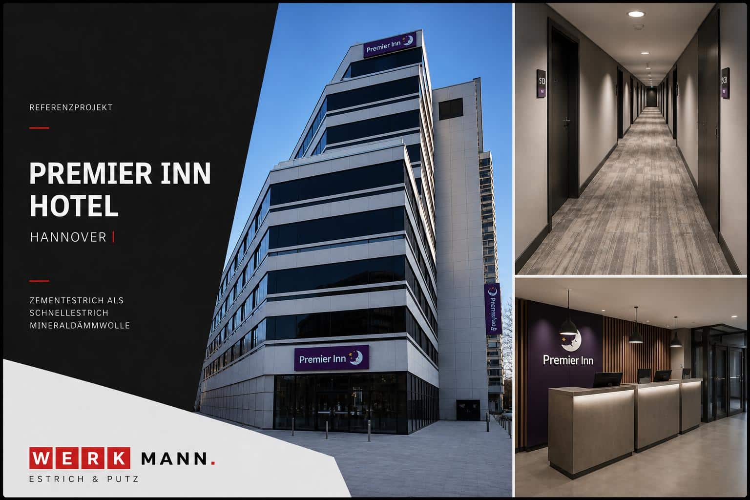 Ein modernes mehrstöckiges Premier Inn Hotel in Hannover, mit Bildern eines eleganten Flurs und eines modernen Empfangsbereichs. Das Äußere und Innere des Hotels zeichnet sich durch ein klares, minimalistisches Design mit lila Akzenten aus.