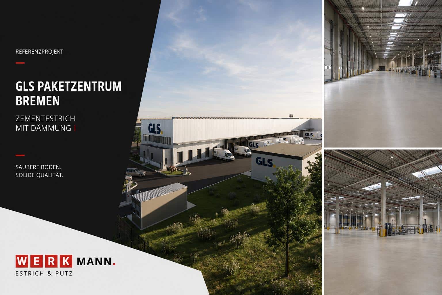 Außenansicht des GLS Paketzentrums Bremen mit Firmenfahrzeugen und moderner Landschaftsgestaltung (links) und zwei Innenansichten einer großzügigen, sauberen Lagerhalle mit polierten Betonböden (rechts); Branding WERKMANN Estrich & Putz.
